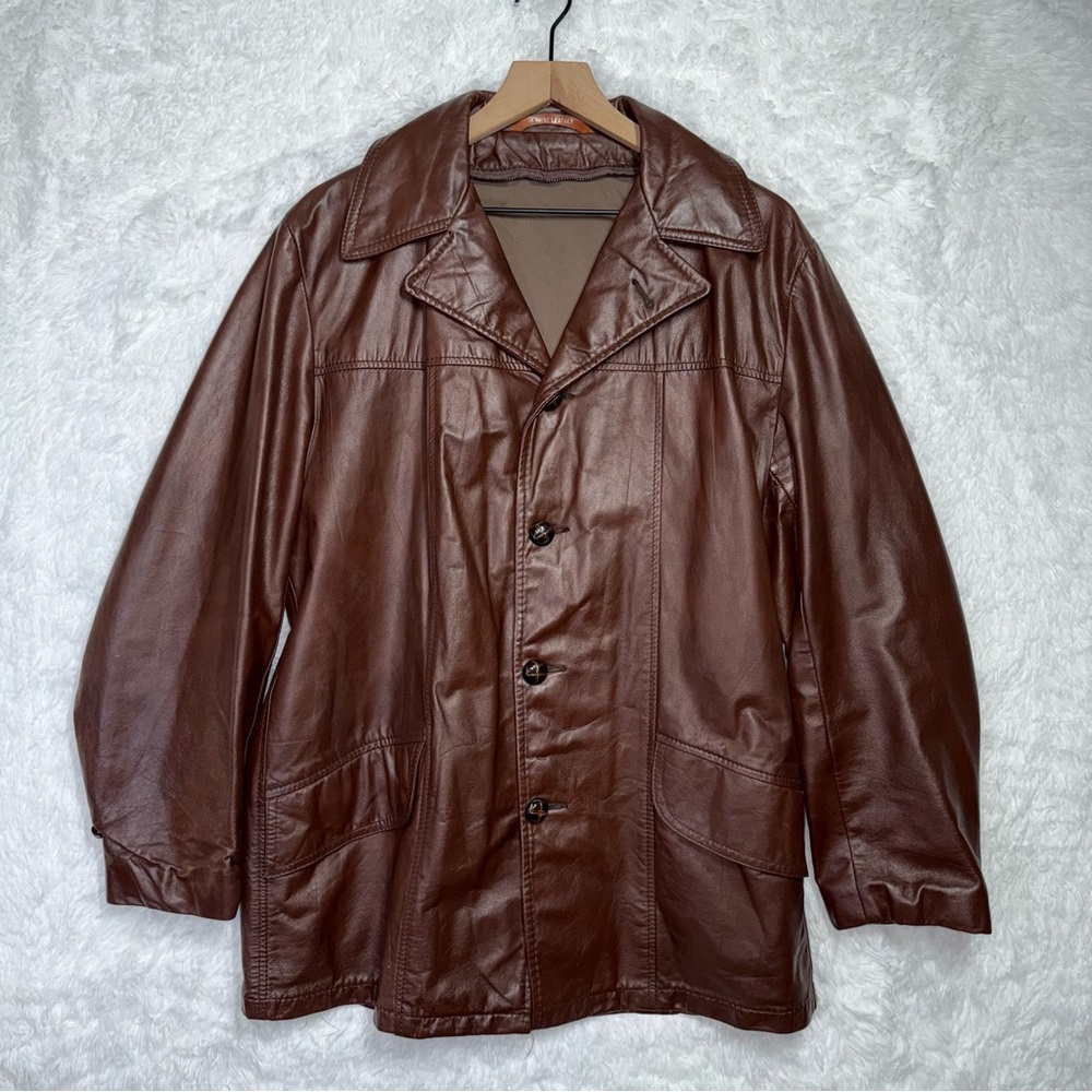Vintage 70s R Sherman Leather Jacket Car Coat Button Up Dark Academia